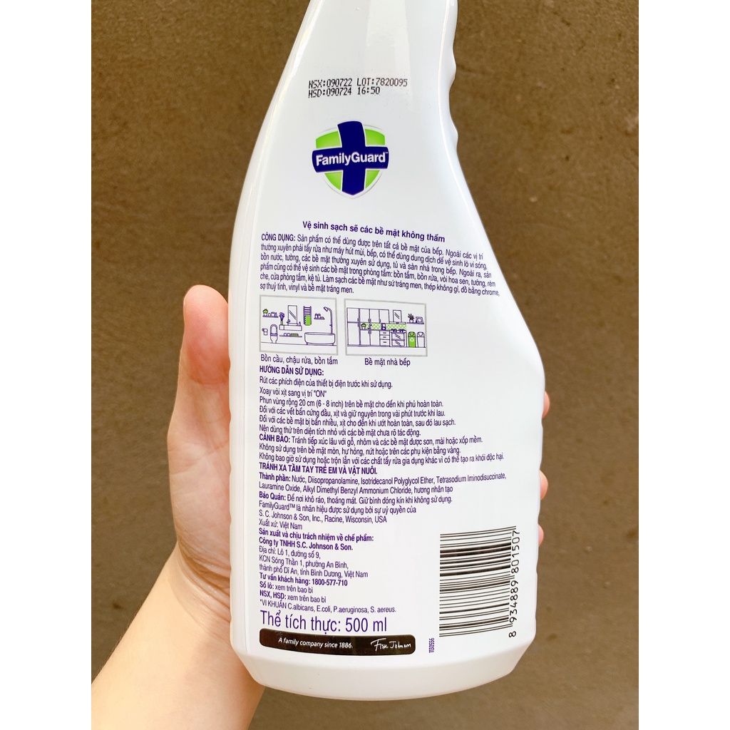 [SẢN PHẨM MỚI] Dung dịch tẩy rửa bề mặt Familyguard SC johnson chai 500ml date 07/2024
