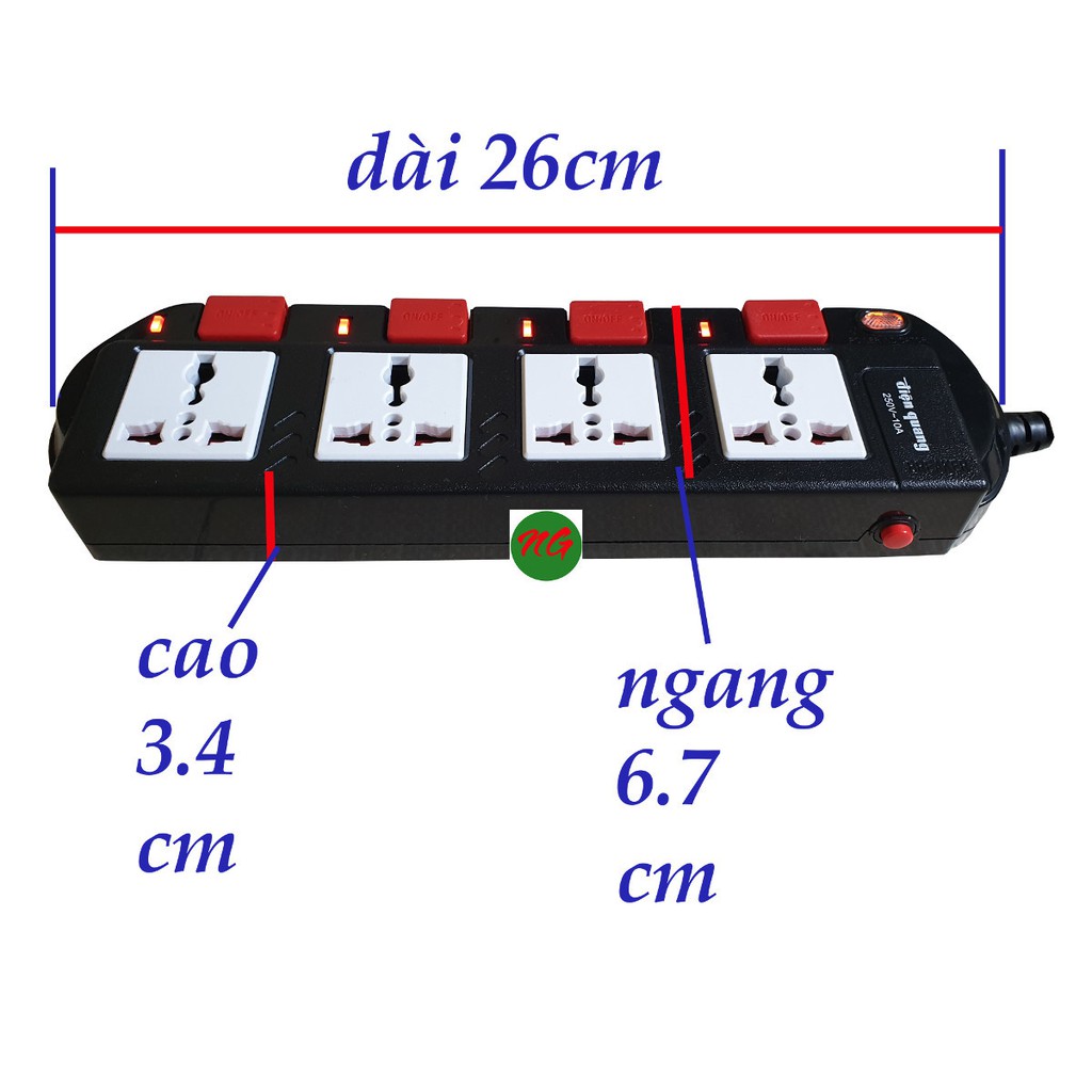 Ổ cắm điện 4 ổ cắm 4 công tắc dây 2 mét Điện quang - mỗi ổ cắm 1 công tắc - công suất 2000 watt