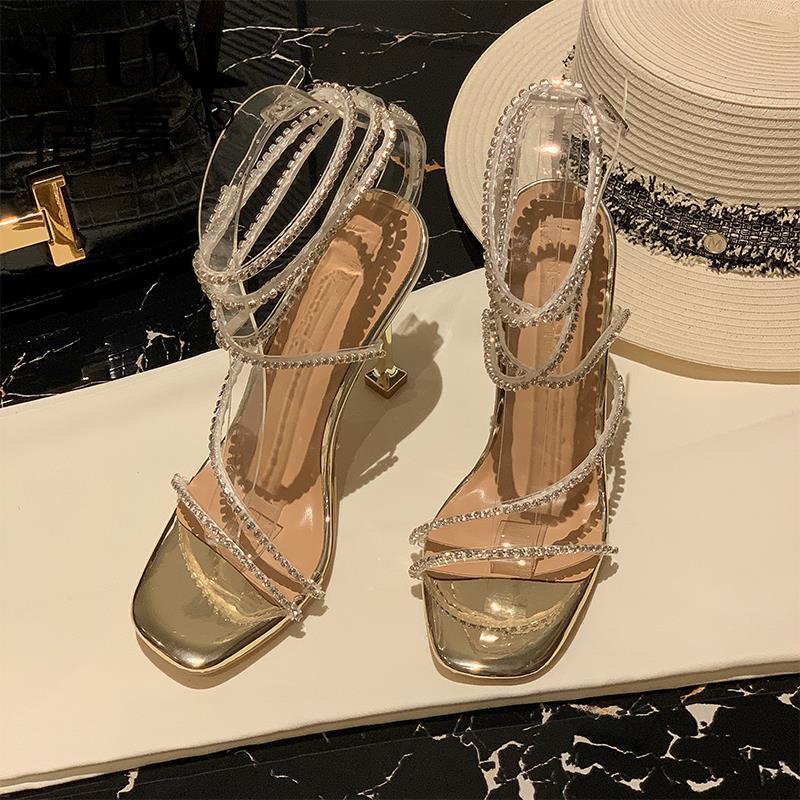 Giày Cao Gót Mũi Vuông Quai Trong Suốt Đính Đá Thời Trang Mùa Hè 2022 Cho Nữ