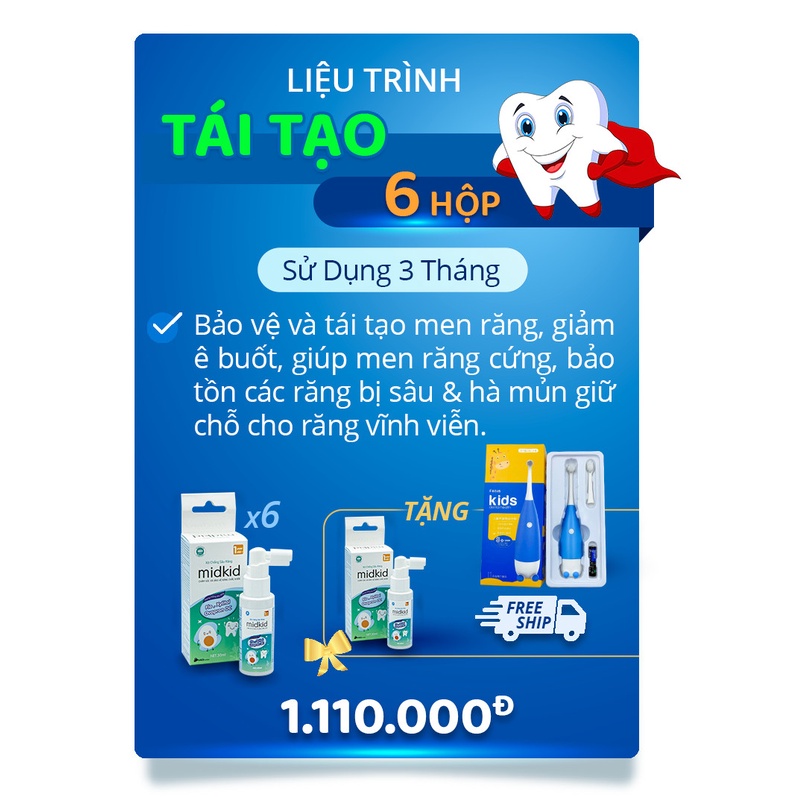 Liệu trình tái tạo - 6 hộp Xịt chống sâu răng Midkid giúp ngăn ngừa mòn men răng, ố vàng, sún răng, viêm lợi,...