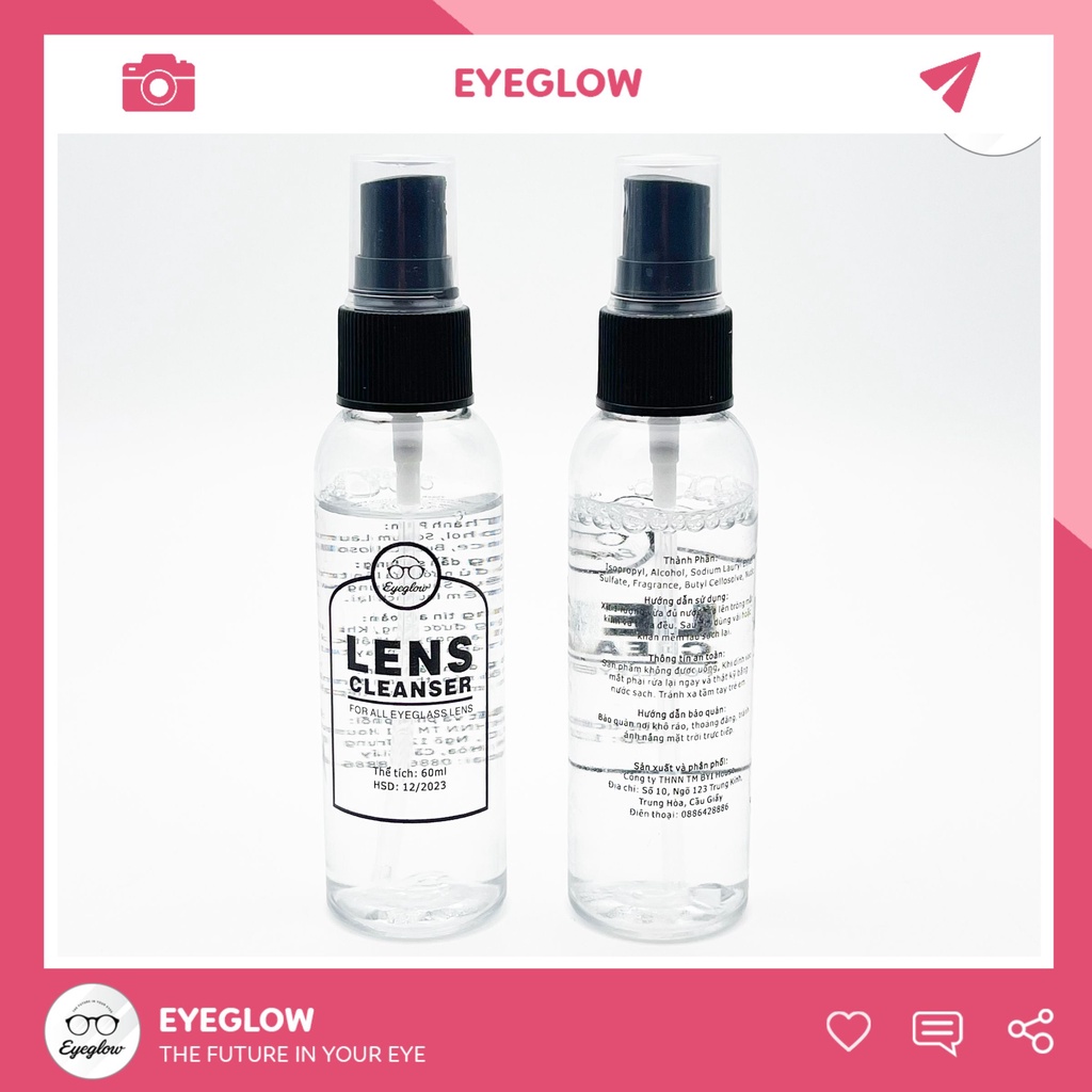 Lọ nước lau rửa mắt kính EYEGLOW cao cấp dạng xịt dung tích 60ml loại bỏ bụi bẩn, vân tay, mồ hôi cho mắt kính luôn sạch