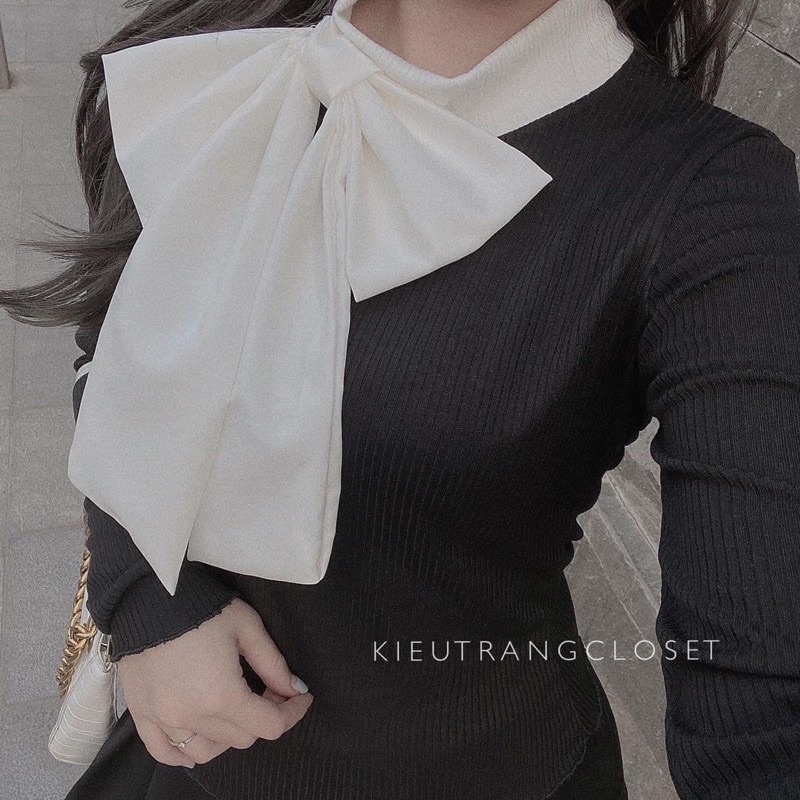 áo thun tăm cổ nơ mix trong dạ tweed hoặc vest | BigBuy360 - bigbuy360.vn