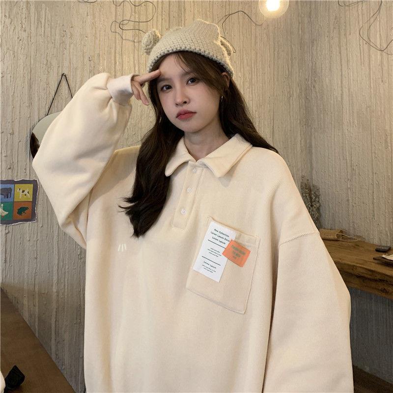 Áo sweater Polo A051 unisex dáng rộng có túi Áo phông dài tay nỉ bông thun túi ngực màu be