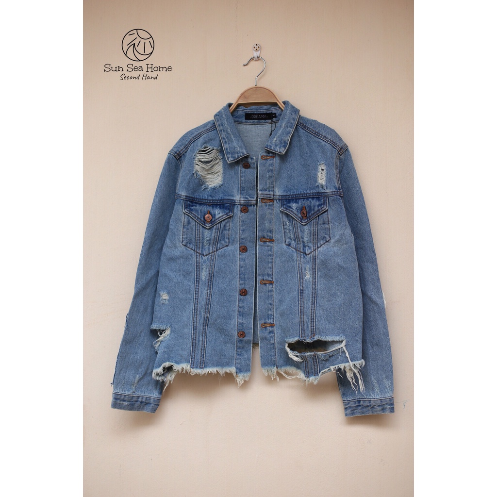MJ18 Áo khoác jean nữ xanh secondhand rách dáng ngắn