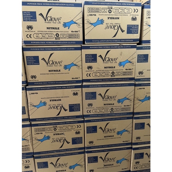 Găng tay y tế khám bệnh Nitrile Vglove màu xanh, size S L XL