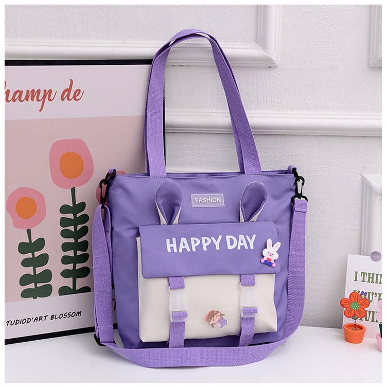 Túi tote đeo chéo đeo vai nữ canvas có khóa kéo phối màu tai thỏ