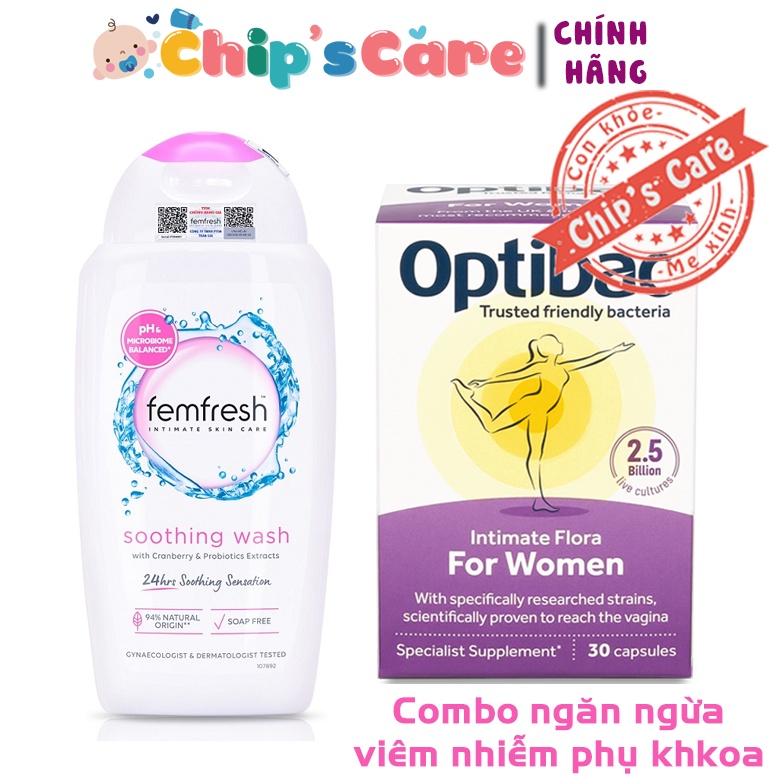 Combo men vi sinh Optibac tím 30v và dung dịch vệ sinh Femfresh 250ml