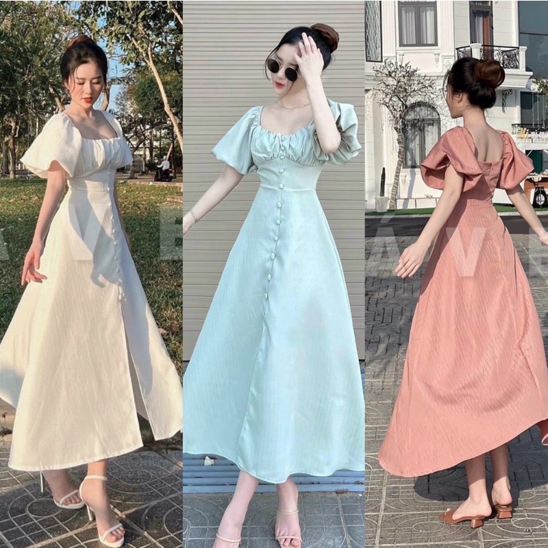 Đầm maxi cổ vuông tay bồng ngực xếp li nút bọc xẻ tà hàng cao cấp 3 màu