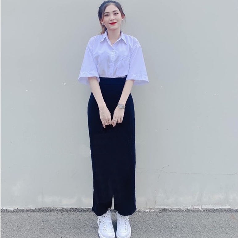 Quần tây ống rộng nữ khóa sườn lưng cao đi học màu đen dáng xuông đứng dài - Quần vải nữ cạp cao công sở vải mềm xuông