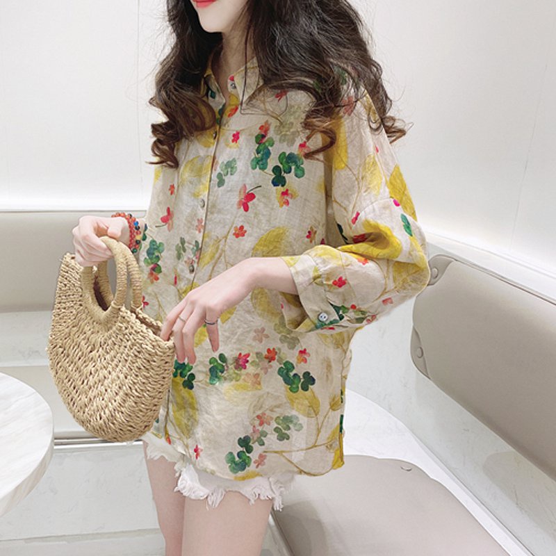 Áo Sơ Mi Tay Dài Cánh Dơi In Họa Tiết Hoa Phong Cách Hàn Quốc Thời Trang Cho Nữ
