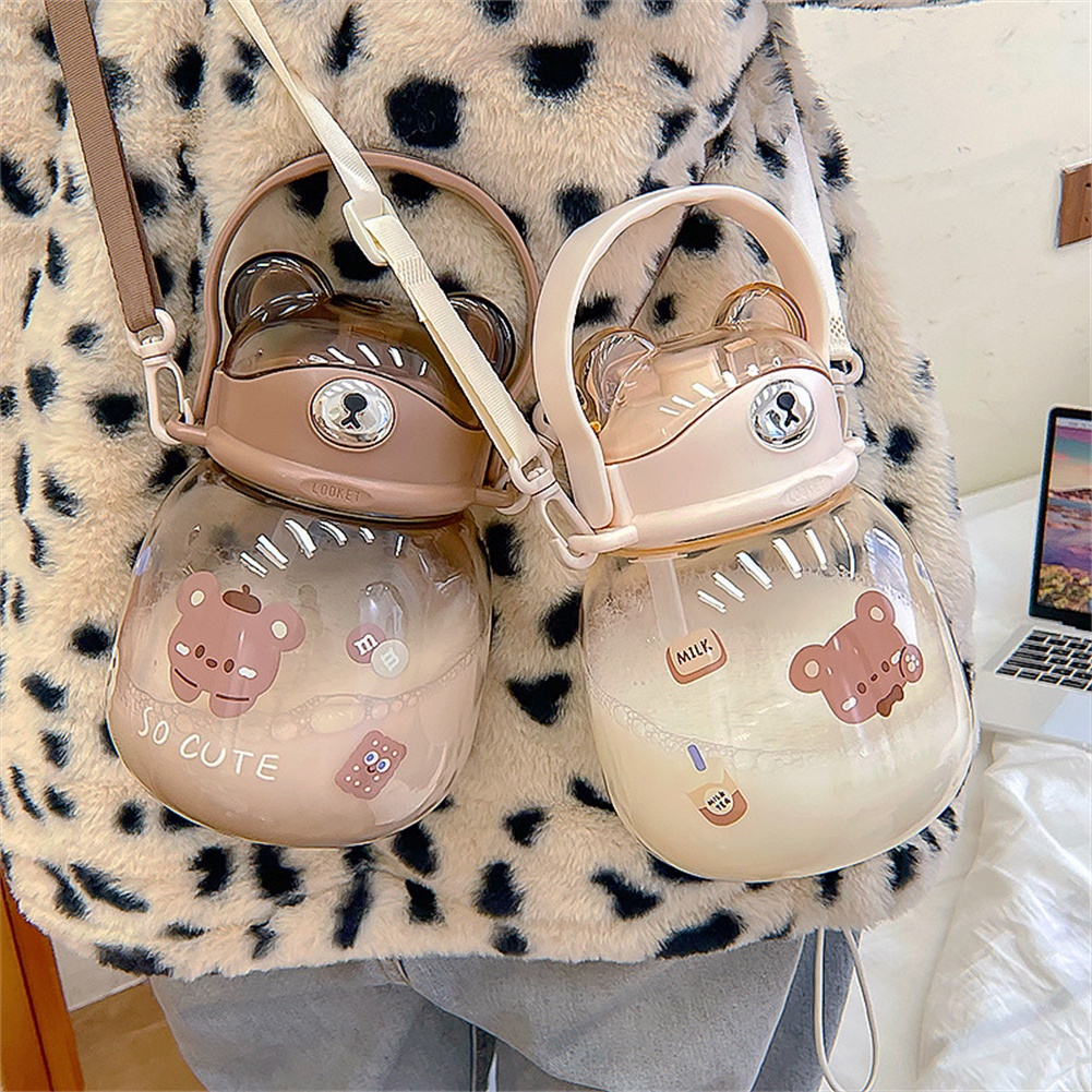1300ml cartoon bear plastic cup Children's Portable Outdoor Straw Strap Mug Mug Student Cross Belly cup