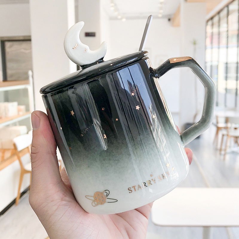 ly cốc sứ uống trà, cafe hình mặt trăng có kèm muỗng và nắp