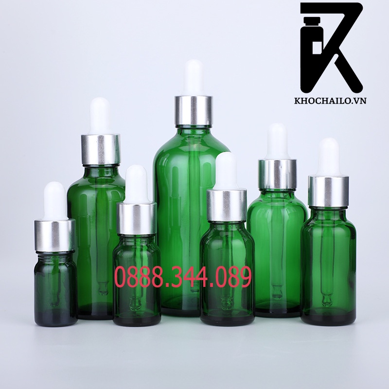 Chai thủy tinh,tinh dầu,serum xanh lá khoen bạc bóng ống thủy tinh bóp trắng 10ml,20ml