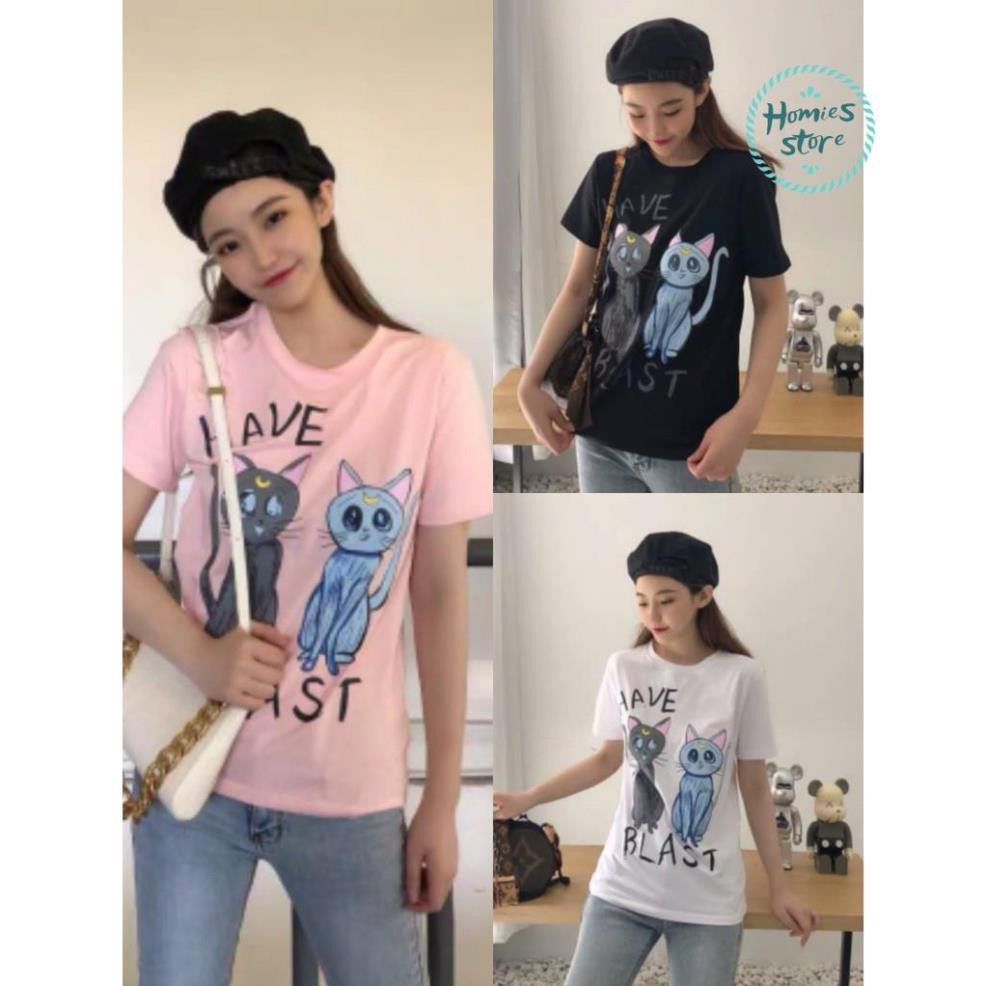 Áo Phông Nữ Hình Mèo 3D , Cộc Tay Cotton Túi Zip 3 Màu HMG018