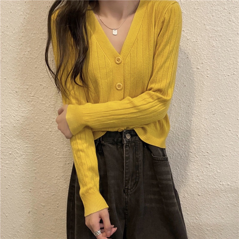 Áo Khoác Cardigan Dệt Kim Tay Dài Cổ V Kiểu Pháp Xinh Xắn Cho Nữ