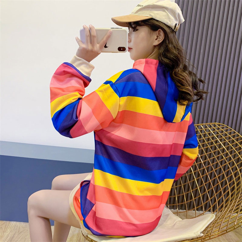 Áo Hoodie Dài Tay Họa Tiết Sọc Ngang Màu Sắc Cầu Vồng Trẻ Trung Dành Cho Nữ