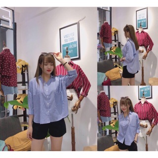 Áo sơ mi Oversize phối 2 túi sọc xanh