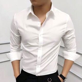 Áo sơ mi nam Trắng cúc trắng Vải lụa Thái lan, Sơ mi nam màu trắng dáng ôm Body hàn quốc