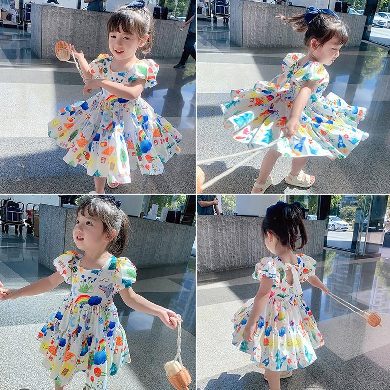 Đầm hở lưng in hình dễ thương cho bé gái