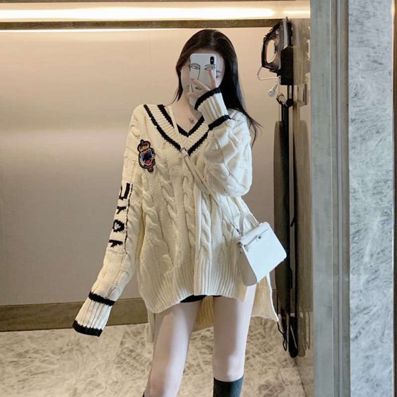 Áo len thu đông nữ 2020 mơi phiên bản Hàn Quốc kute sọc xoắn ốc cổ tim viền đen áo len dài tay
