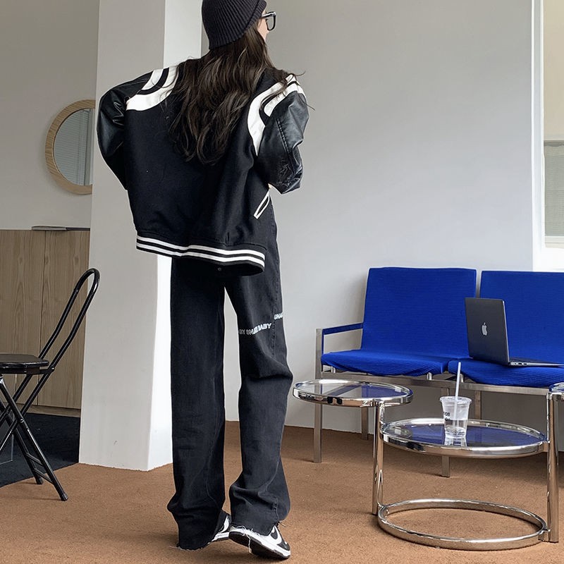 Quần jeans nữ ống rộng lưng cao màu đen 2021