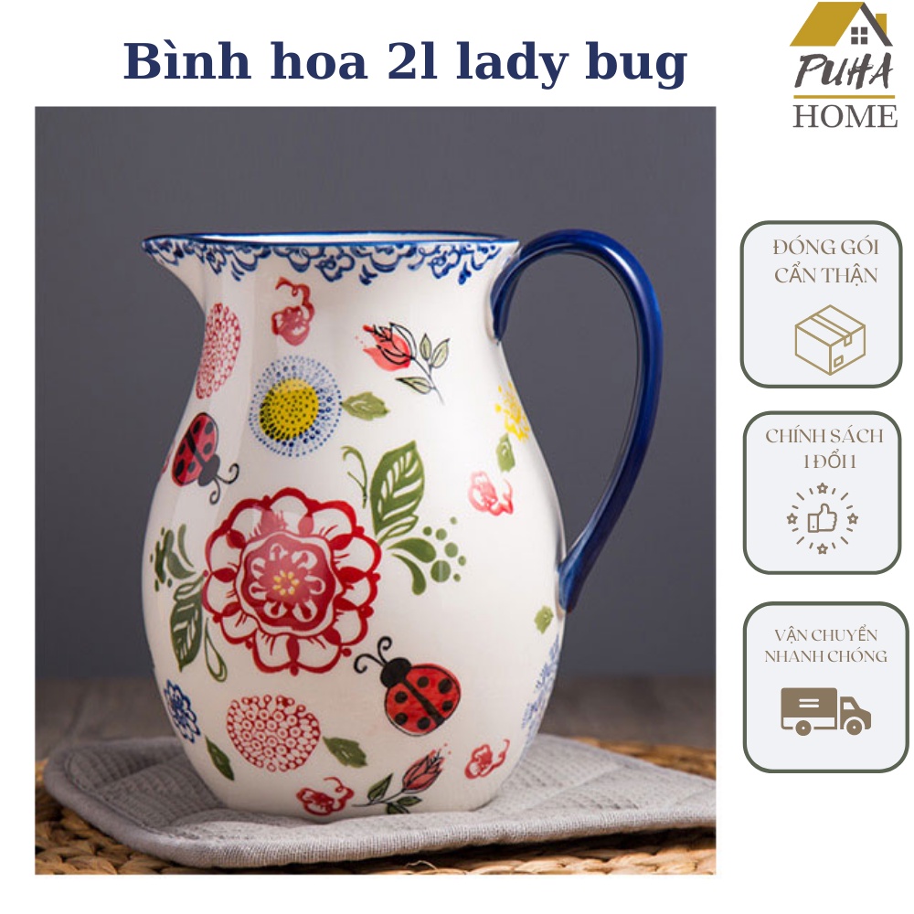 Bình hoa mùa xuân - Bình 1,5L LADYBUG - bình cắm hoa, đựng nước tay cầm tiện dụng