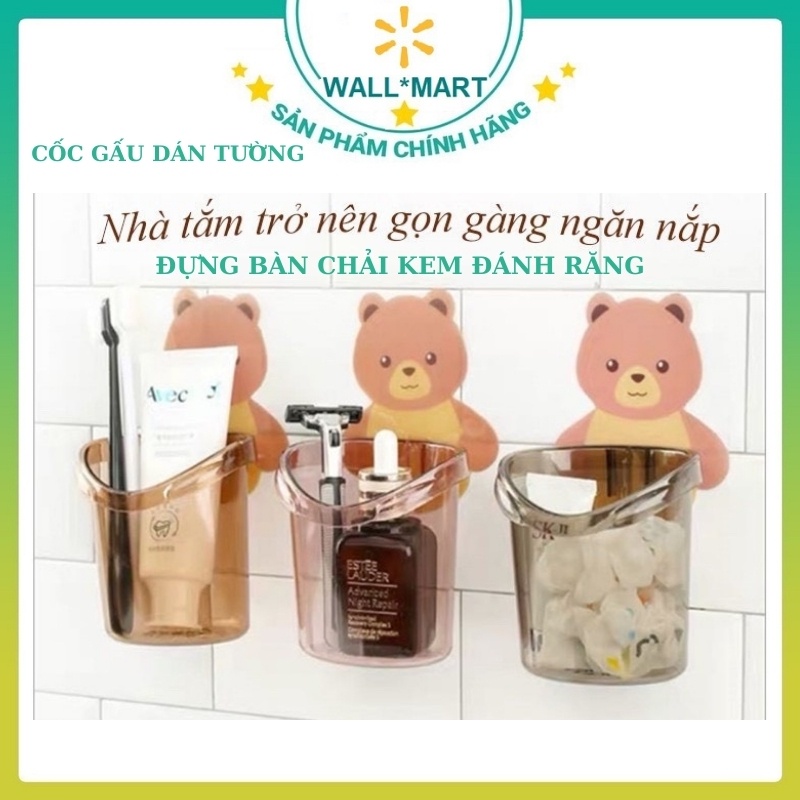 Cốc gấu dán tường để đựng bàn chải  kem đánh răng hình gấu có chỗ thoát nước tiện lợi WALLMART WM83