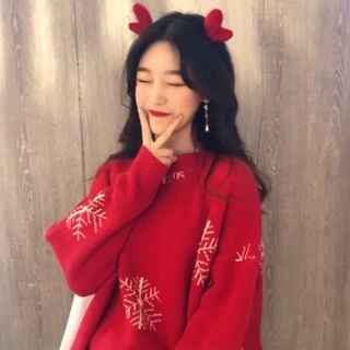 Áo sweater dệt kim dày dáng rộng phong cách giáng sinh năm mới cho nữ