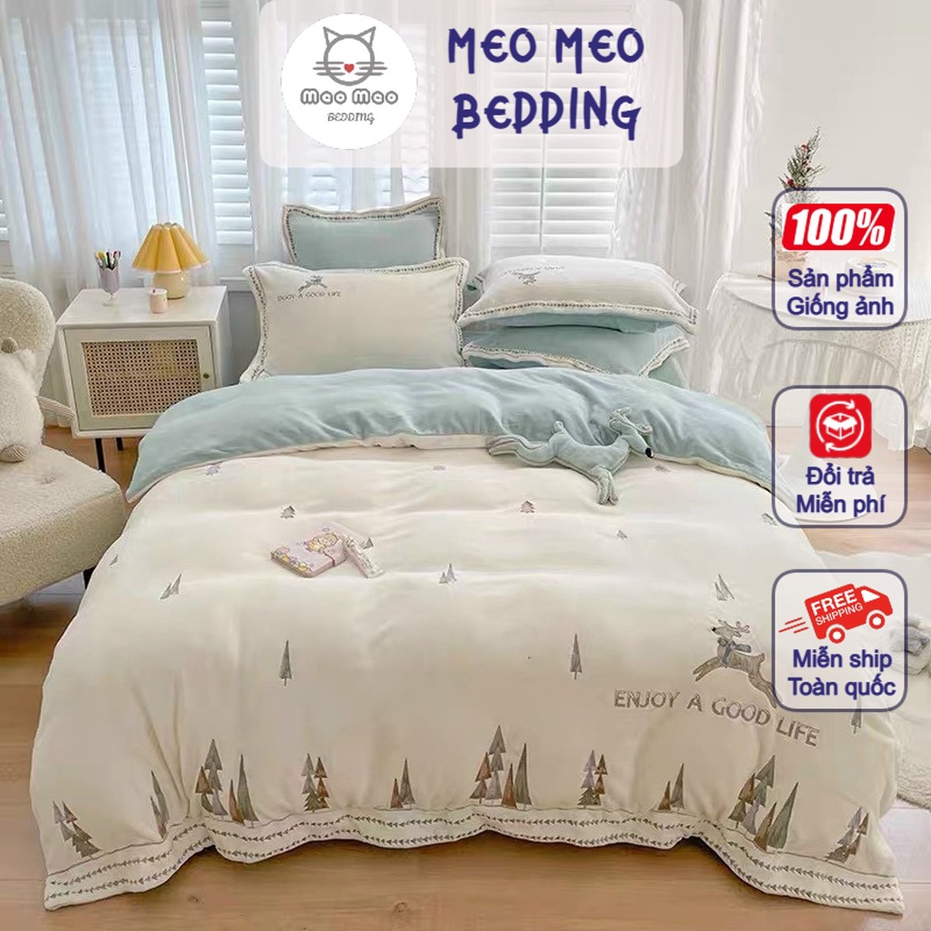 Bộ 5 Món Chăn Ga Gối Nỉ Nhung Hươu Cao Cấp