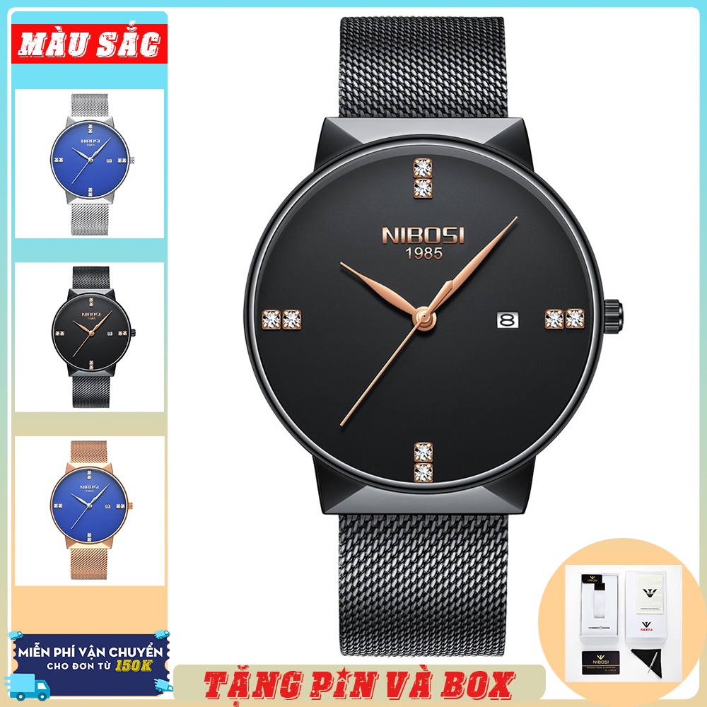 Đồng hồ nam dây thép lưới không gỉ Nibosi 2323 sang trọng (Full Black & Gold Black)