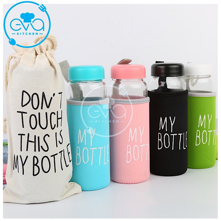 Bình Nước Thủy Tinh In Chữ My Bottle Kèm Vỏ Bọc Vải Neoprene Và Túi Vải Dây Rút Nhiều Màu 500ml