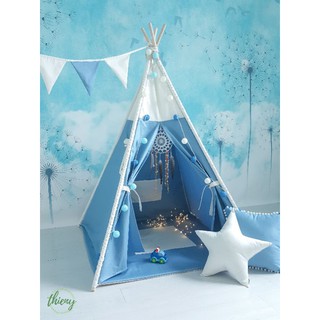 Lều vải cho bé màu Xanh trắng. Lều vải Thiên Ý vải cotton dày 100%, cọc gỗ tự nhiên an toàn