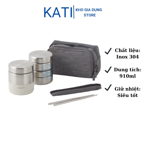 Bộ Hộp Cơm giữ nhiệt Inox 304 Lock&amp;Lock LHC8012IVY LHC8013GRY tặng kèm túi