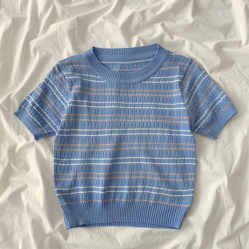 Áo thun nữ cổ tròn ngắn tay họa tiết kẻ sọc 8 màu thời trang | BigBuy360 - bigbuy360.vn