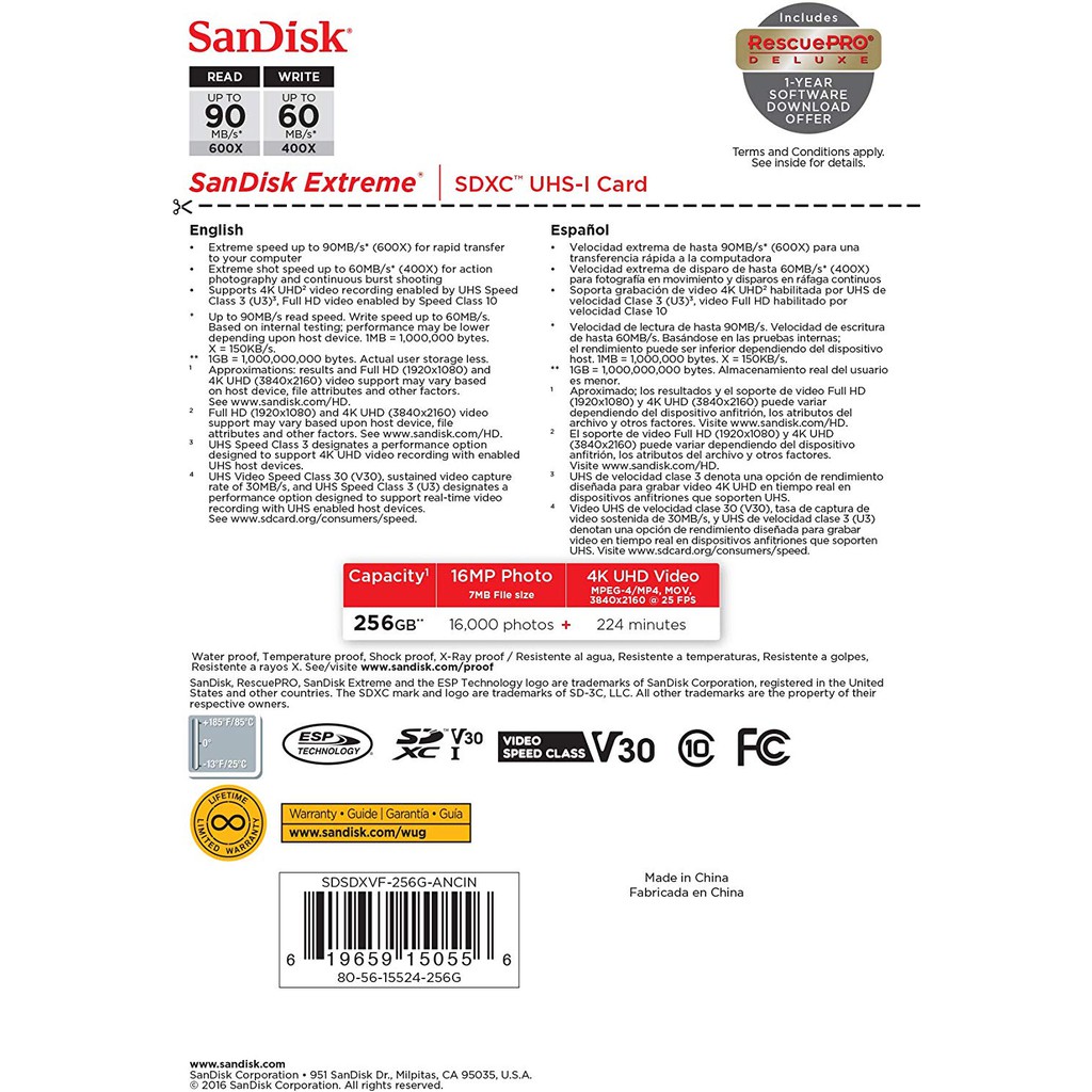 Thẻ nhớ SDXC SanDisk Extreme 90MB/s 256GB