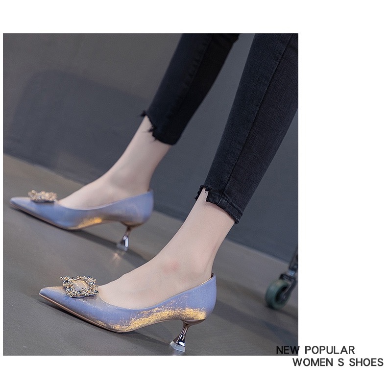 Giày Cao Gót Mũi Nhọn Cài Khóa Vuông Màu Sắc Nude Thời Trang Xuân Thu Dành Cho Nữ 2022