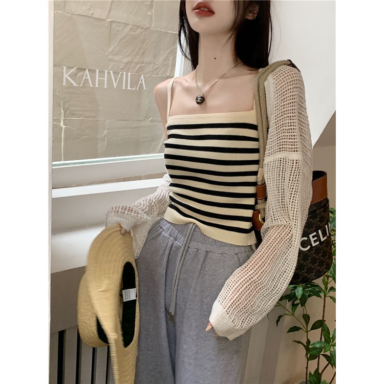 COZOK Bộ Áo Khoác cardigan Dệt Kim Chống Nắng + Áo Sát Nách Kẻ Sọc Cá Tính