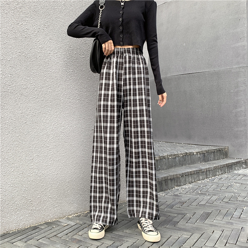 Autumn New Women's Large-size Plaid Wide-legged Pants Women Fat MM High-waisted Straight Straight Loose-fitting Drag Pants