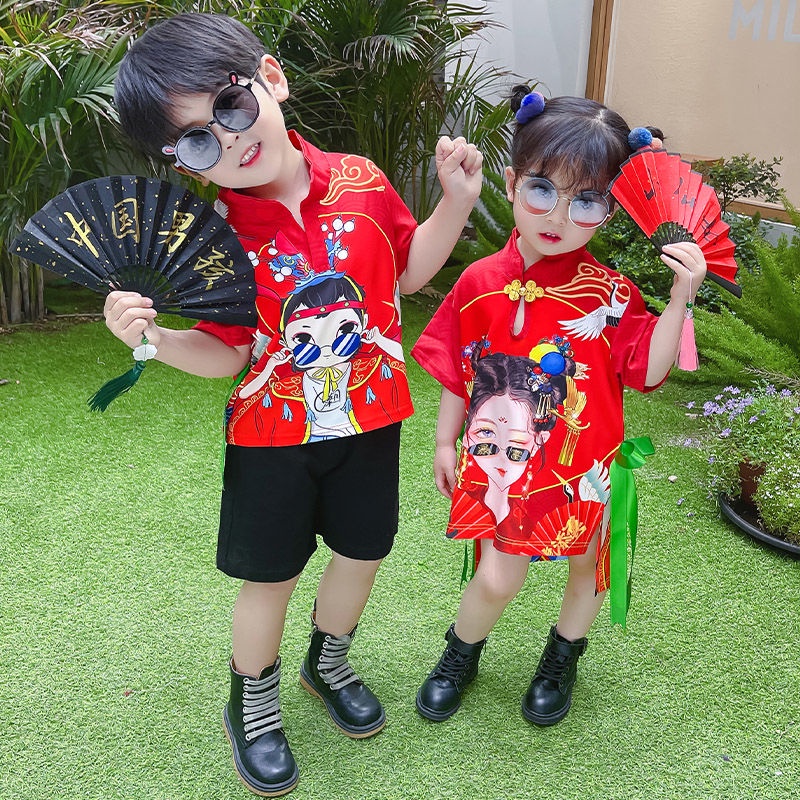 Áo Thun Tay Ngắn In Họa Tiết Phong Cách Trung Hoa Thời Trang Cho Bé Trai Và Gái