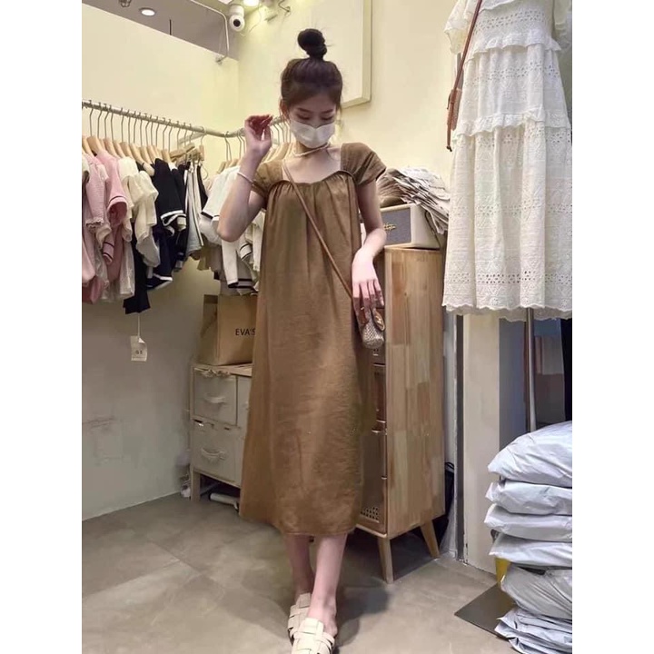 Đầm suông nữ - váy suông đũi vintage form rộng dáng dài Bingshop