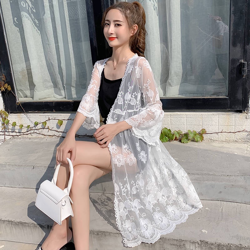Áo Khoác Cardigan Ren Lưới Mỏng Dáng Dài Rộng Thời Trang Mùa Hè 2019 Mới Dành Cho Bạn Nữ