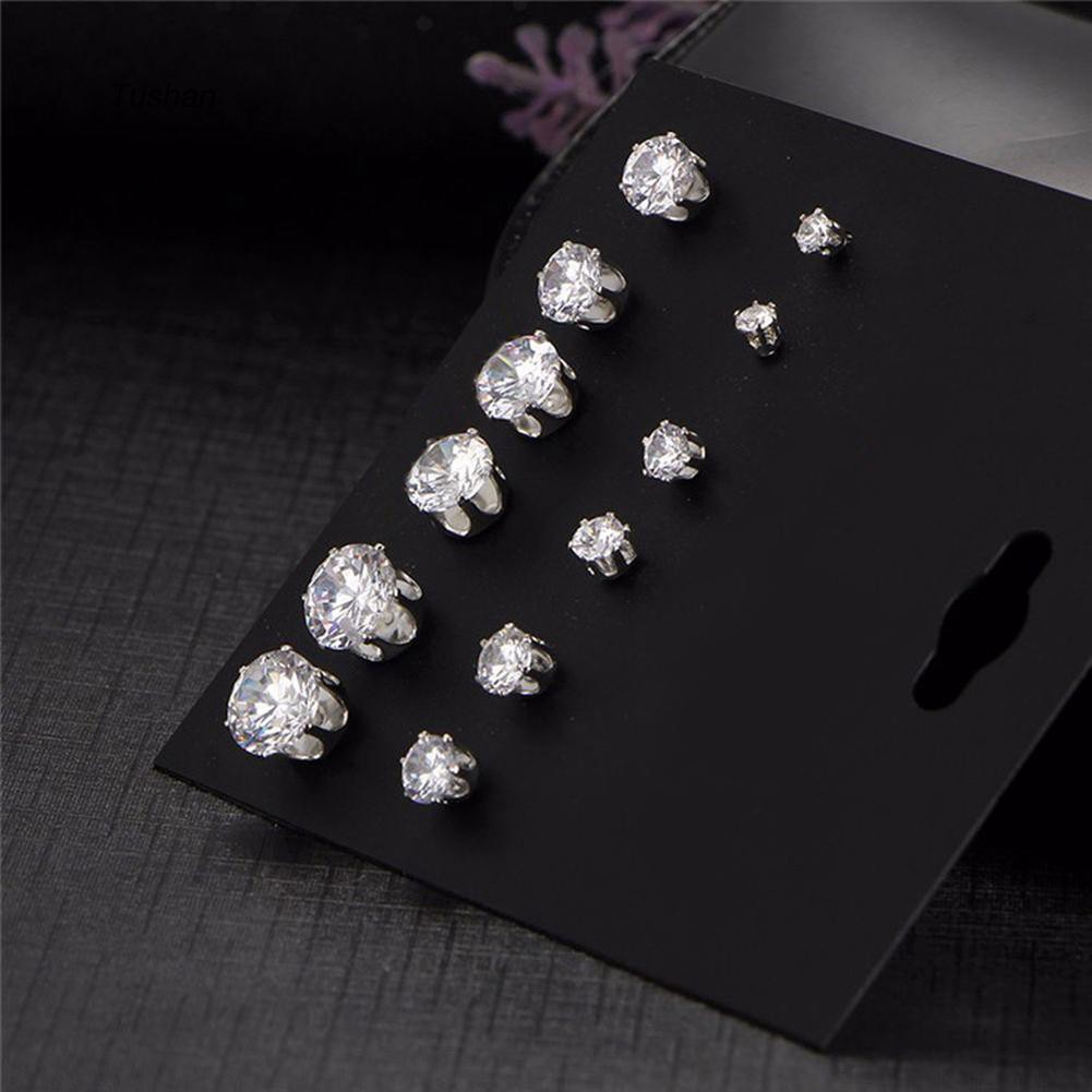 Set 6 đôi khuyên tai dạng nụ đính đá cubic zirconia hình tròn thời trang sang trọng cho nữ