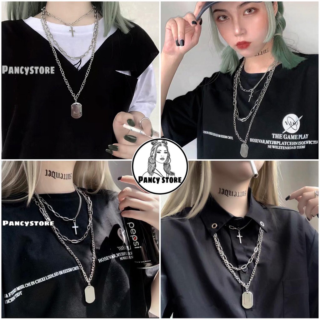 set 3 lớp dây chuyền vòng cổ thánh giá dây xích unisex