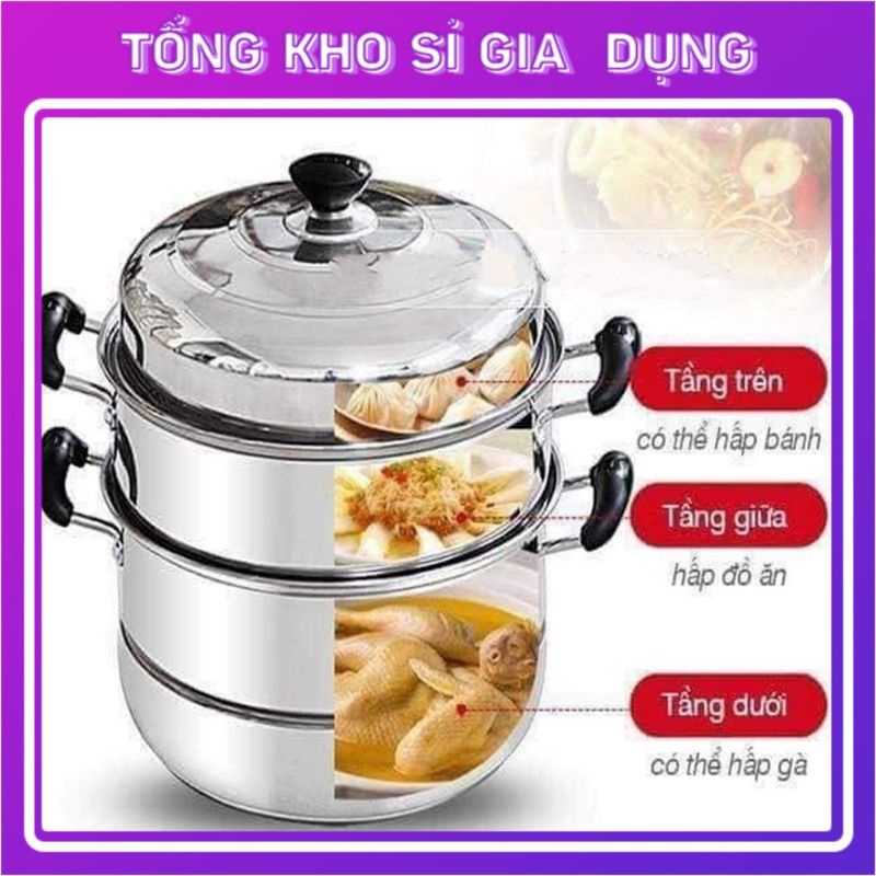 Nồi hấp inox 3 tầng hiện đại kích thước lớn, có thể sử dụng trên mọi loại bếp .