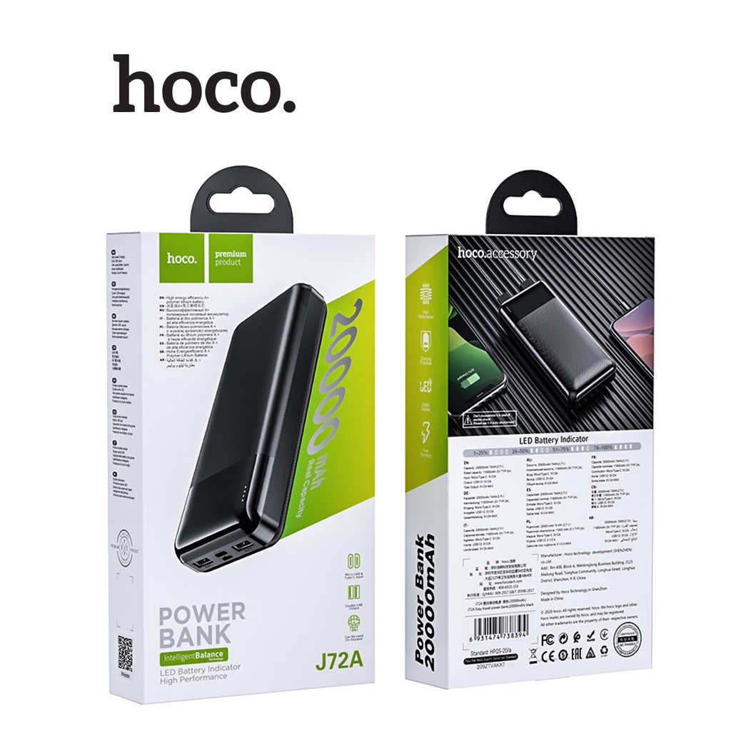 Pin dự phòng Hoco J72A pin 20000mAh sạc 5V/2A tích hợp đèn Led vật liệu PC chống cháy cao cấp