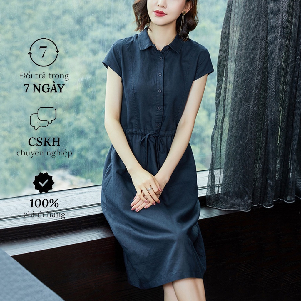 Đầm sơ mi nữ ngắn tay, Đầm linen nữ suông dài kèm dây eo tự chỉnh Da70