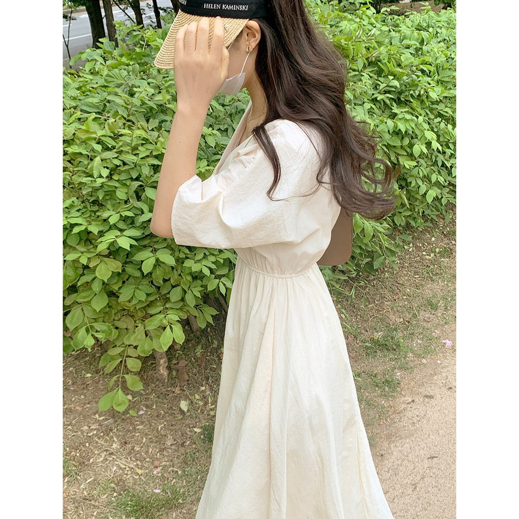 Đầm Peppermint 43636 dài tay ngắn cổ chữ V eo co giãn phong cách thời trang Hàn Quốc