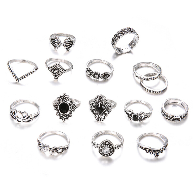 Set 15 nhẫn đeo tay kim loại đính đá thời trang dành cho nữ