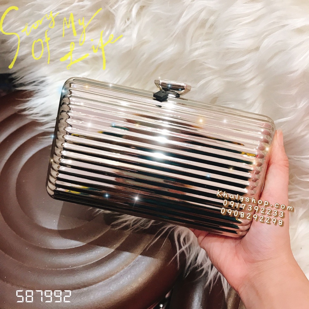 Bóp đầm clutch cao cấp dạ hội dự tiệc sang trọng đeo chéo, cầm tay vân sọc ngang màu bạc dành cho bạn nữ (17x5x10cm)
