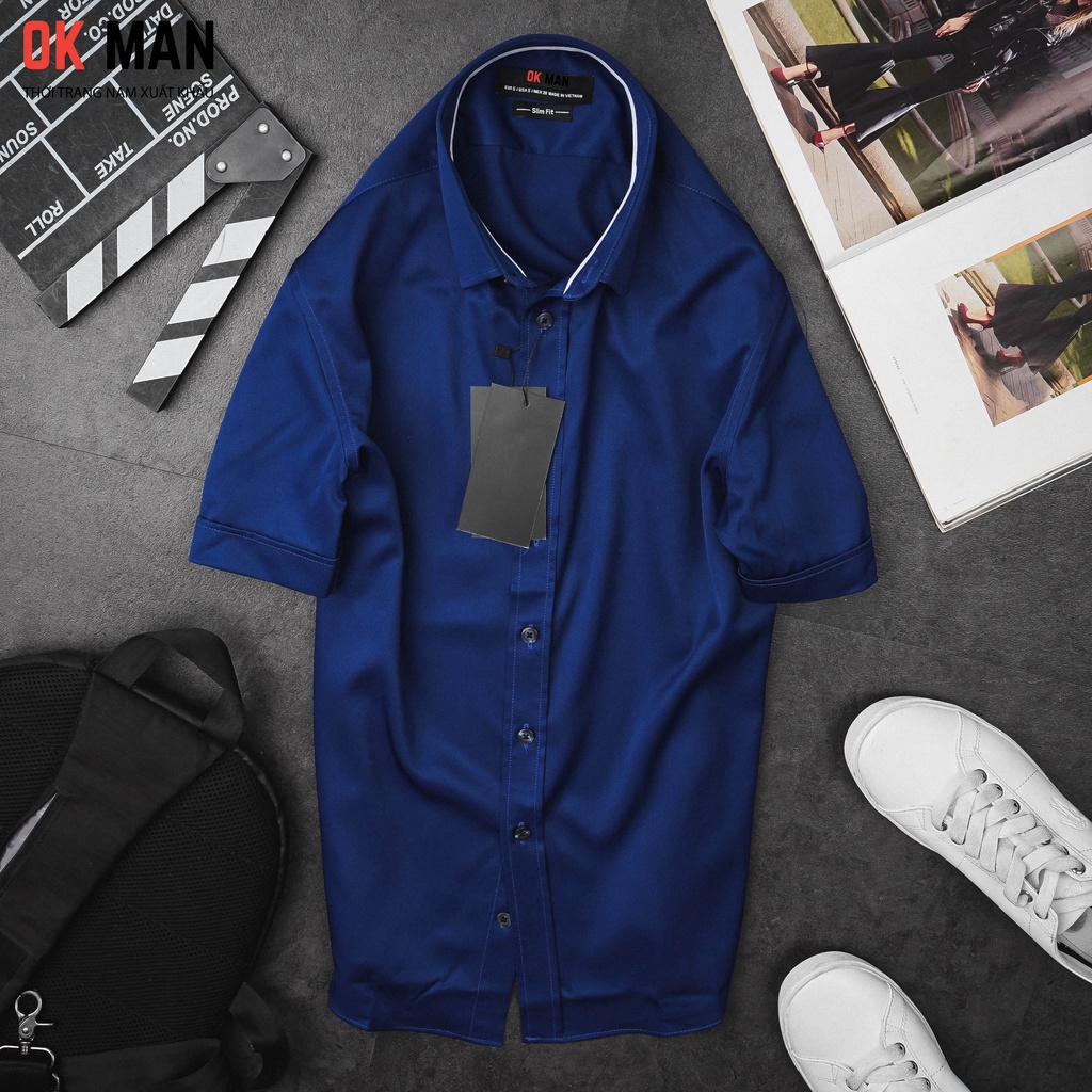 Áo sơ mi nam ngắn tay, form slimfit, 5 màu, chất liệu cotton, OkMan - SMNT